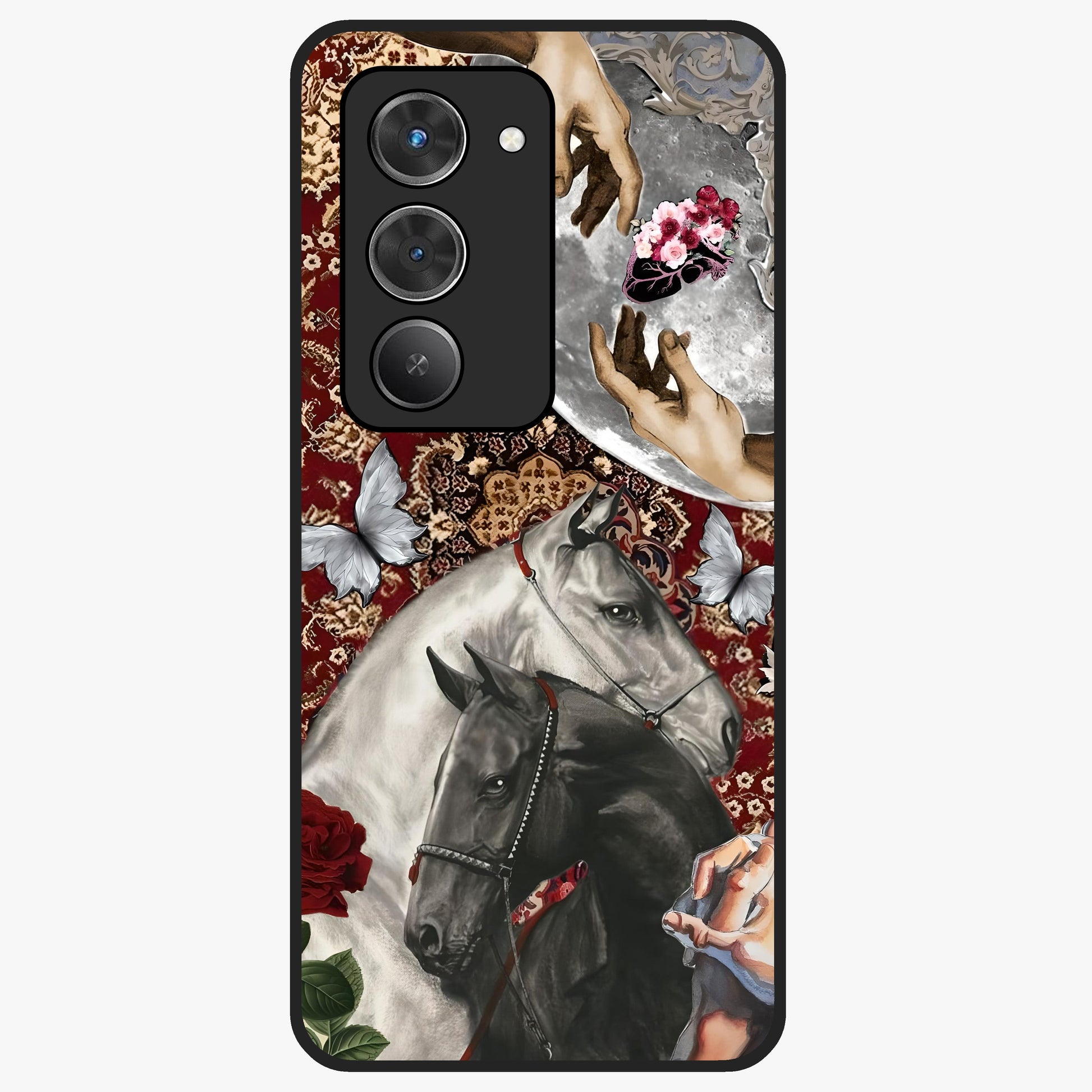 Moonlit Royal Stallion Glass Case showing flat back view with majestic horse under moonlight artwork and glossy glass finish.
