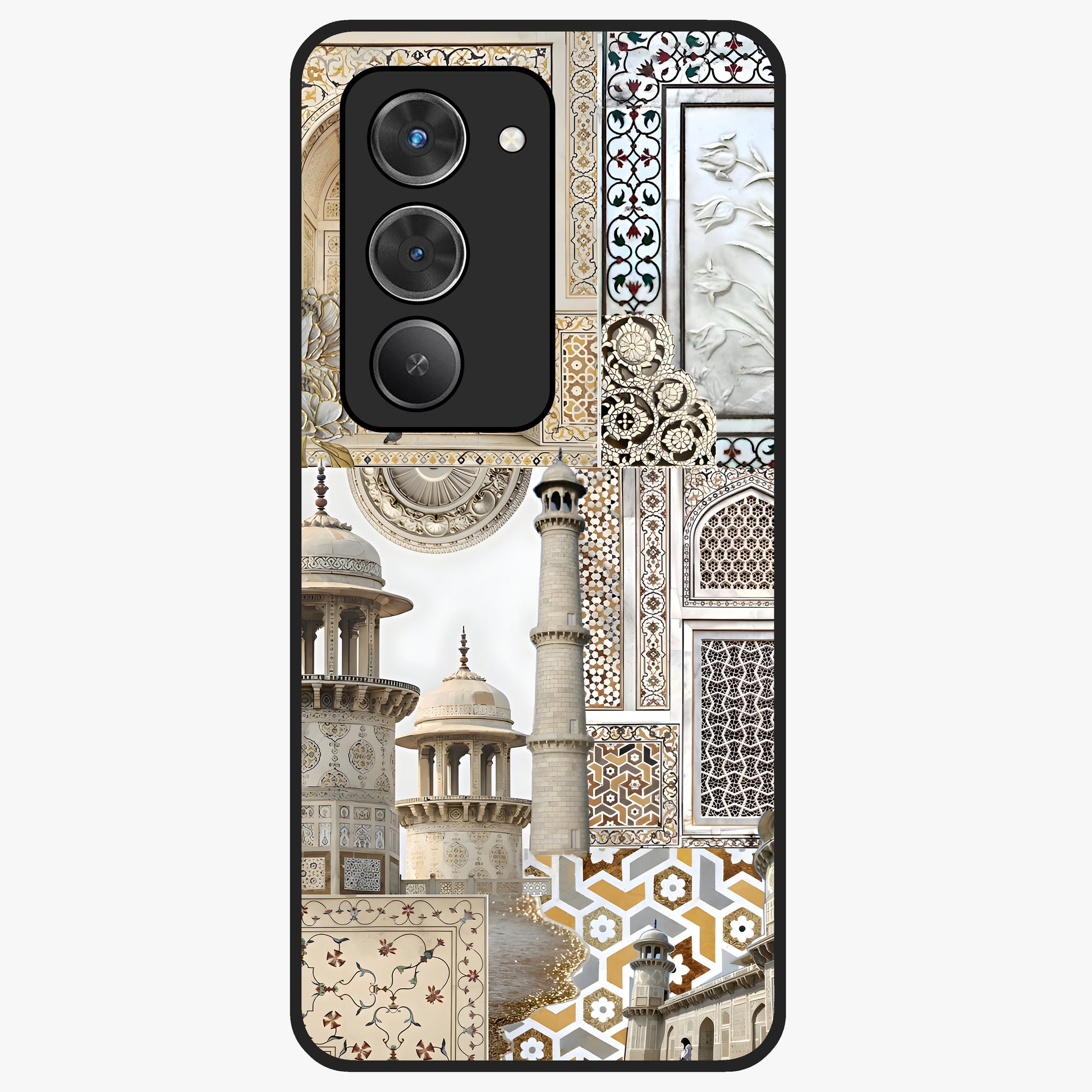 Mughal Marble Legacy Glass Case showing flat back view with intricate Mughal inspired marble pattern and glossy glass finish.