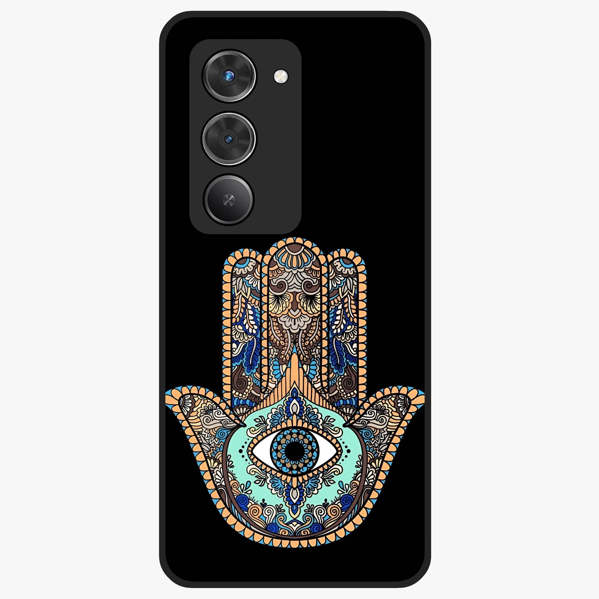 Mystic Hamsa Eye Glass Case showing flat back view with protective hamsa hand and evil eye artwork and glossy glass finish.