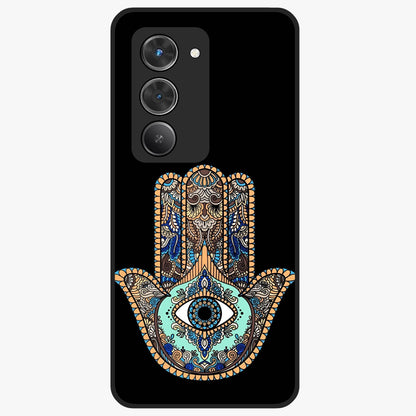Mystic Hamsa Eye Glass Case showing flat back view with protective hamsa hand and evil eye artwork and glossy glass finish.