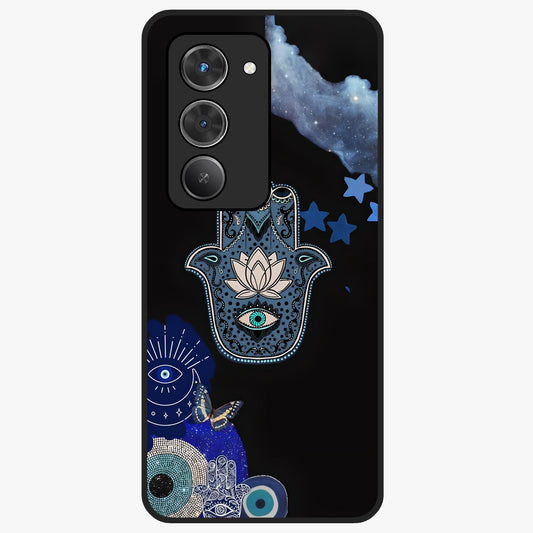 Mystic Hand Aura Glass Case showing flat back view with mystical hand symbol artwork and glossy glass finish.
