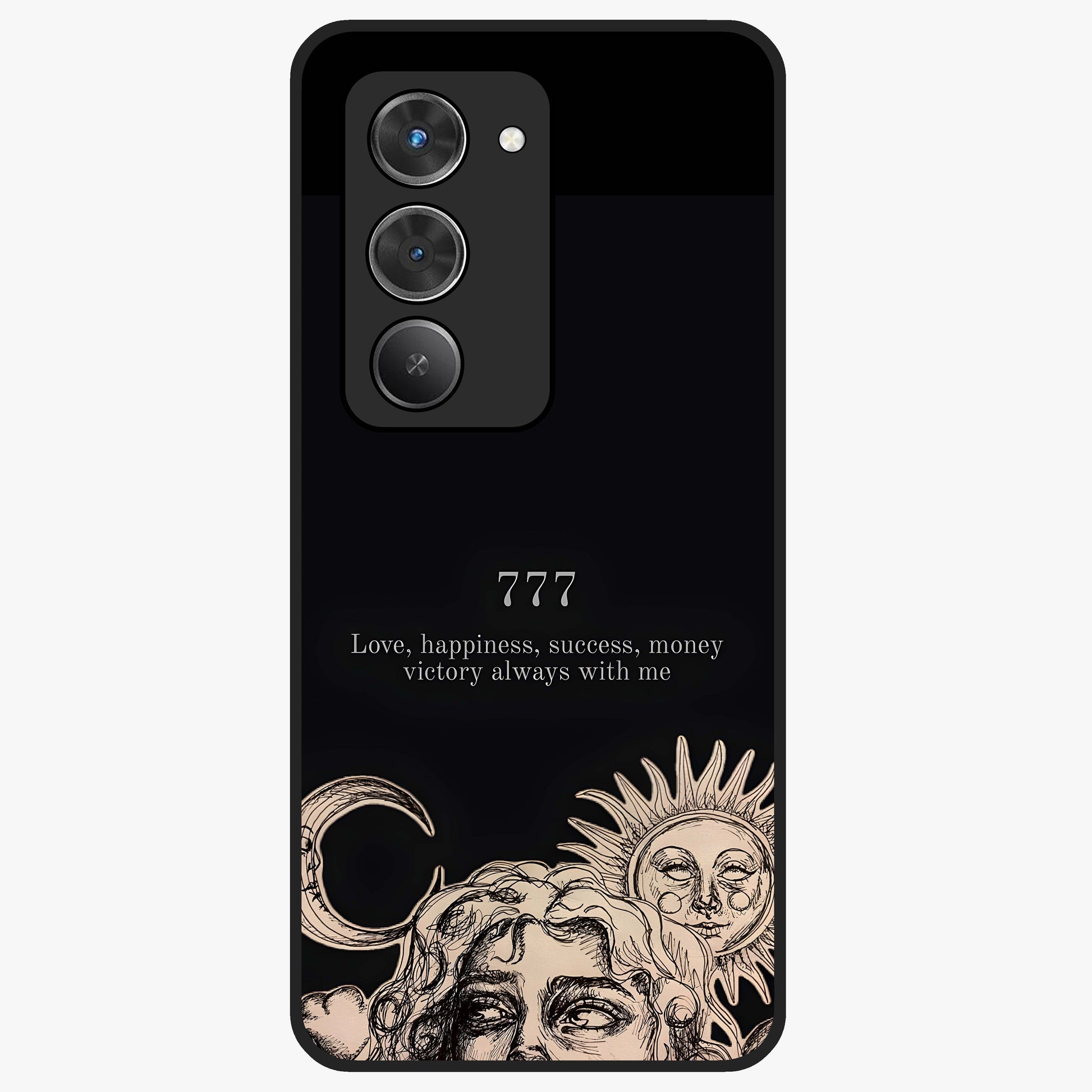 Mystic Victory Aura Glass Case showing flat back view with victory symbol artwork and glossy glass finish.