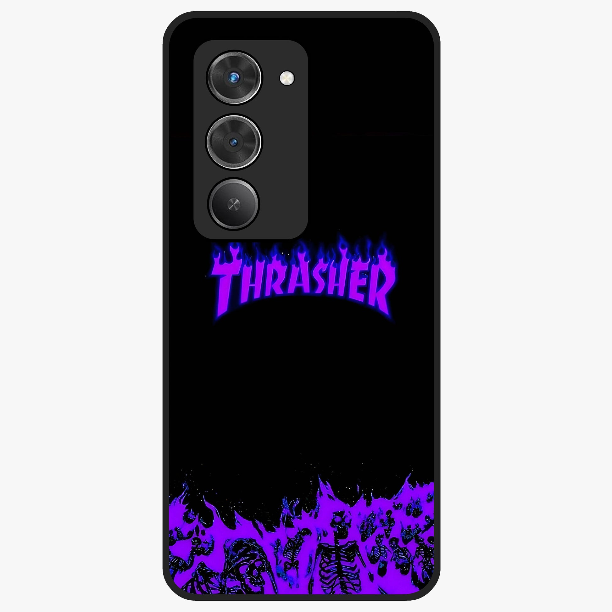 Neon Flame Riot Glass Case showing flat back view with neon flame artwork and glossy glass finish.
