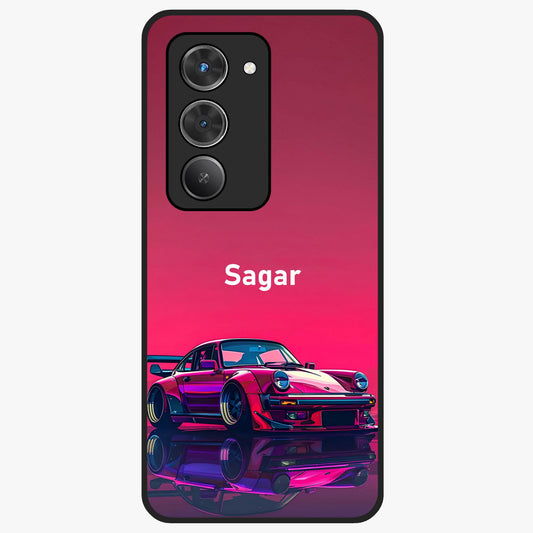 Neon Pink Porsche Glass Case showing flat back view with stylish sports car artwork and glossy glass finish.