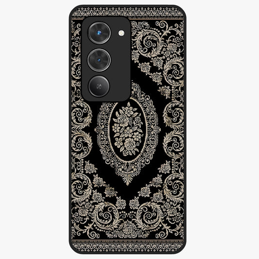 Noir Bloom Elegance Glass Case showing flat back view with elegant dark floral artwork and glossy glass finish.