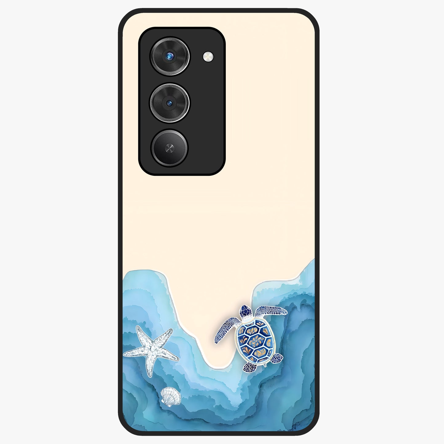 Ocean Drift Turtle Glass Case showing flat back view with sea turtle artwork and glossy glass finish.