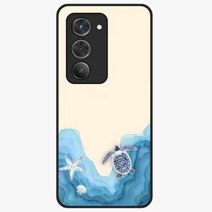 Ocean Drift Turtle Glass Case showing flat back view with sea turtle artwork and glossy glass finish.