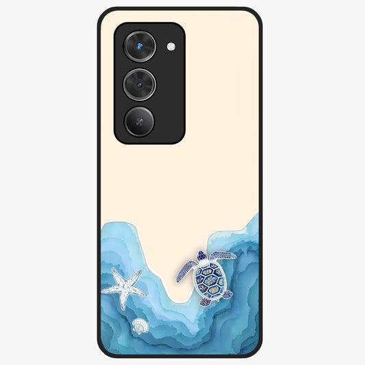 Ocean Drift Turtle Glass Case showing flat back view with sea turtle artwork and glossy glass finish.