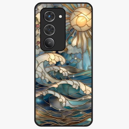 Oceanic Stained Printed Glass Case showing flat back view with ocean inspired stained pattern artwork and glossy glass finish.