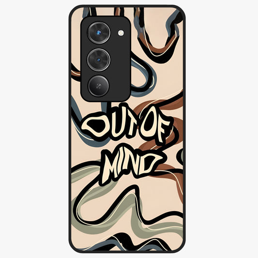 Out Of Mind Glass Case showing flat back view with expressive typography artwork and glossy glass finish.