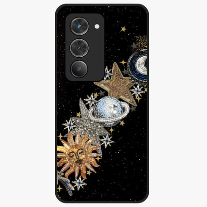 Pearls Universe Object Glass Case showing flat back view with pearl inspired cosmic artwork and glossy glass finish.