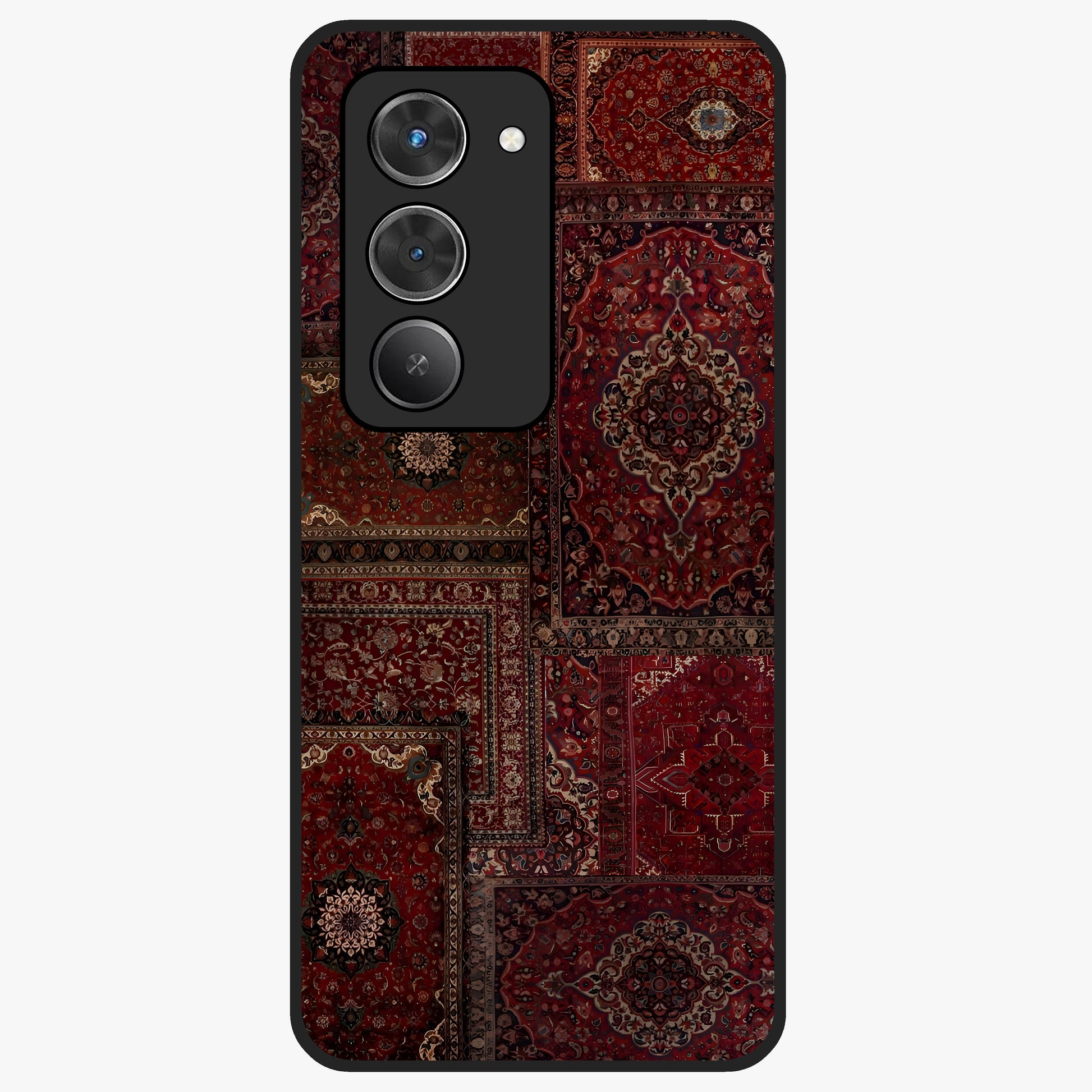 Persian Velvet Tale Glass Case showing flat back view with luxurious Persian velvet pattern artwork and glossy glass finish.