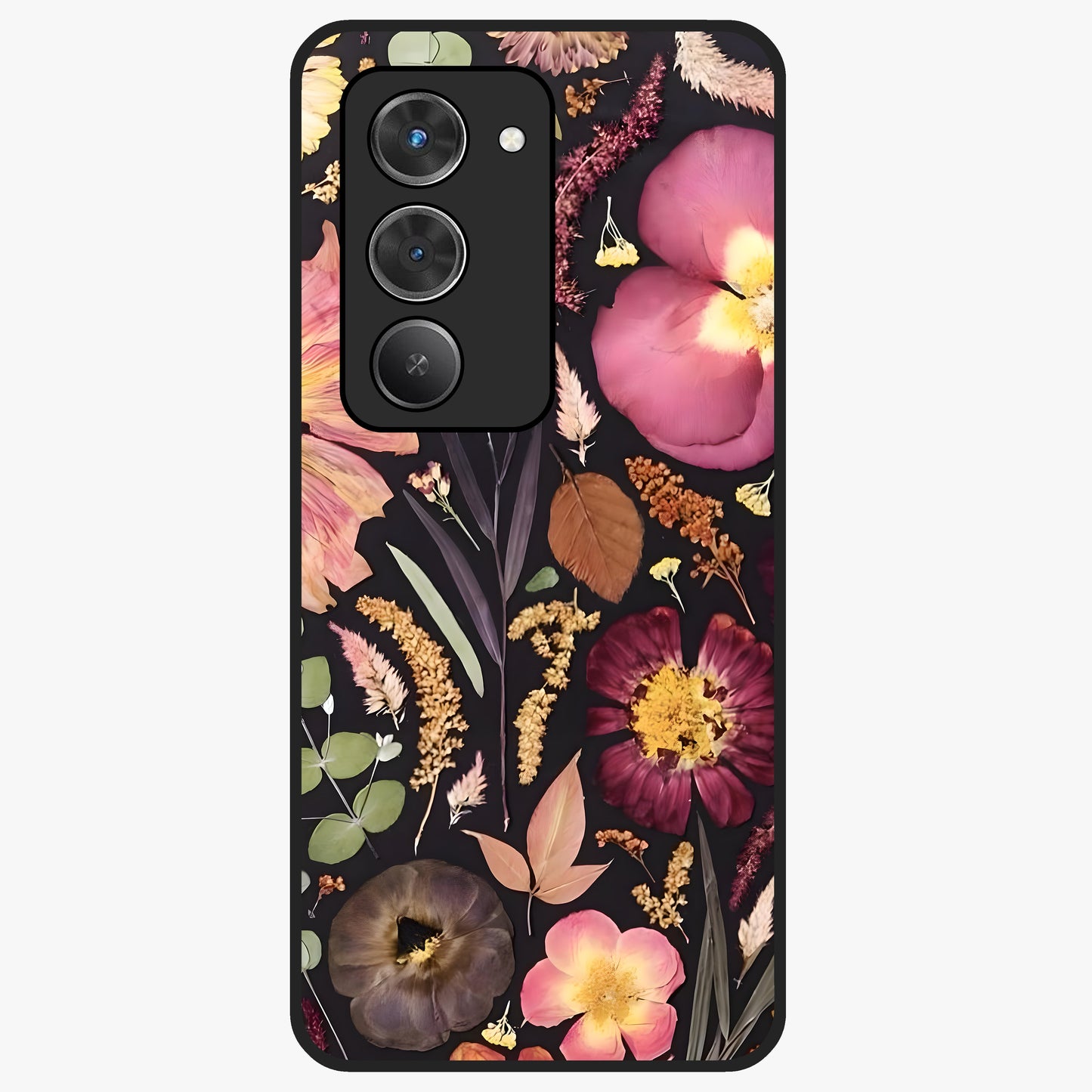 Petal Dream Tapestry Glass Case showing flat back view with intricate floral tapestry artwork and glossy glass finish.