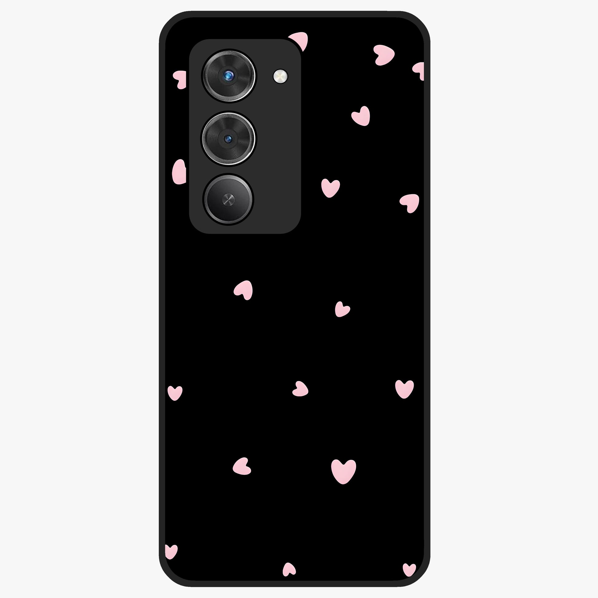 Pink Love Drops Glass Case showing flat back view with playful pink heart drops artwork and glossy glass finish.