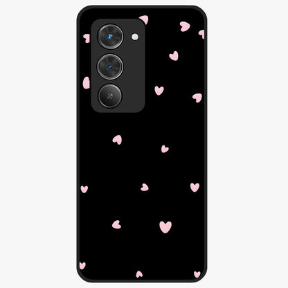 Pink Love Drops Glass Case showing flat back view with playful pink heart drops artwork and glossy glass finish.