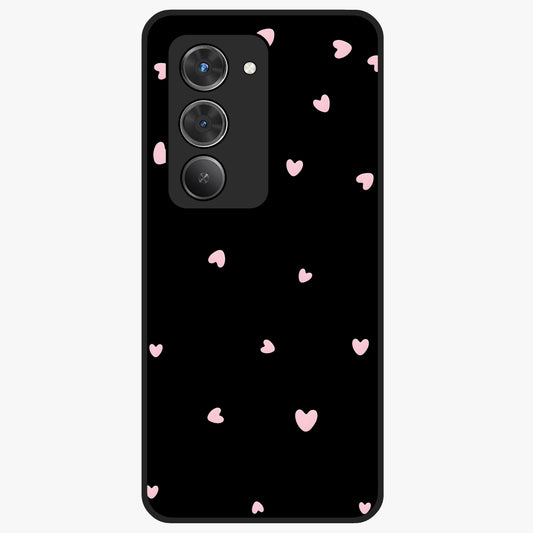 Pink Love Drops Glass Case showing flat back view with playful pink heart drops artwork and glossy glass finish.
