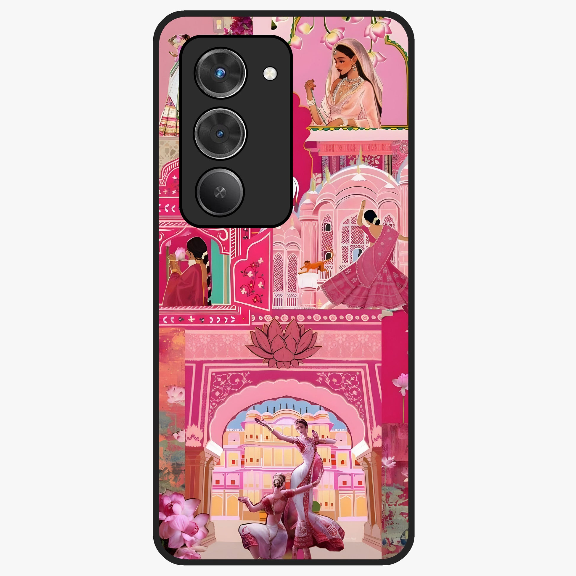 Pink Palace Muse Glass Case showing flat back view with elegant palace inspired artwork and glossy glass finish.