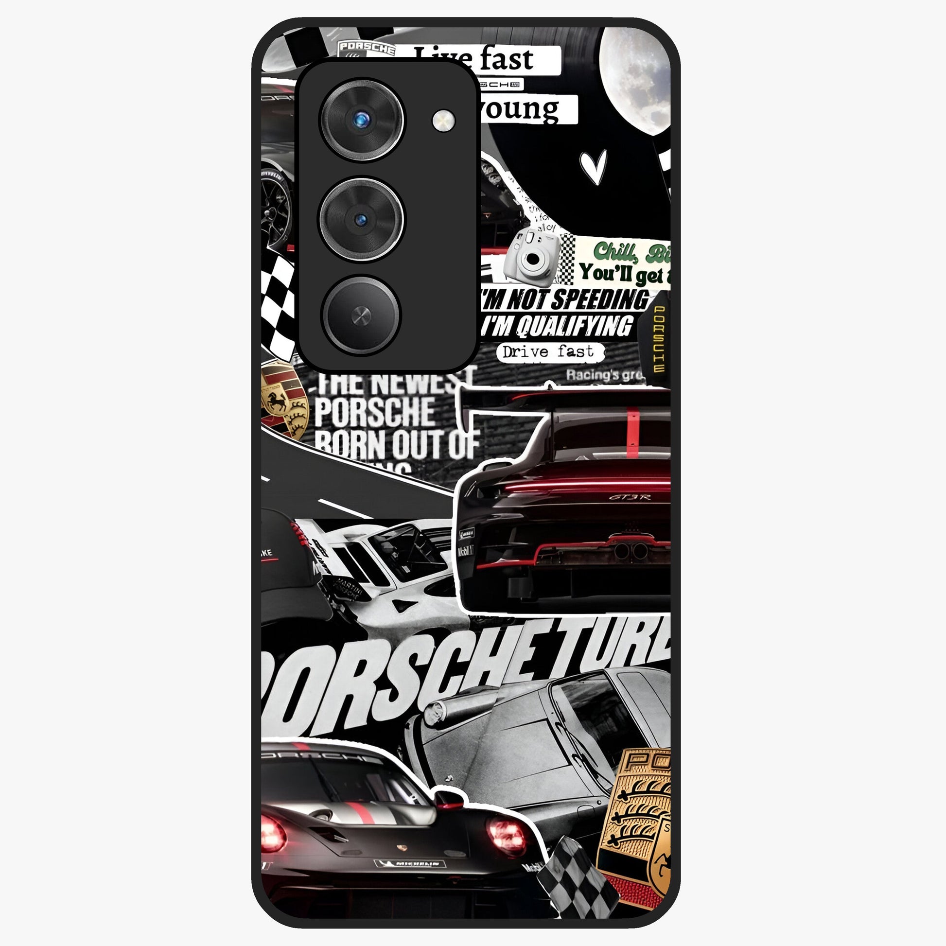 Porsche Racing Collage Glass Case showing flat back view with sports car racing collage artwork and glossy glass finish.