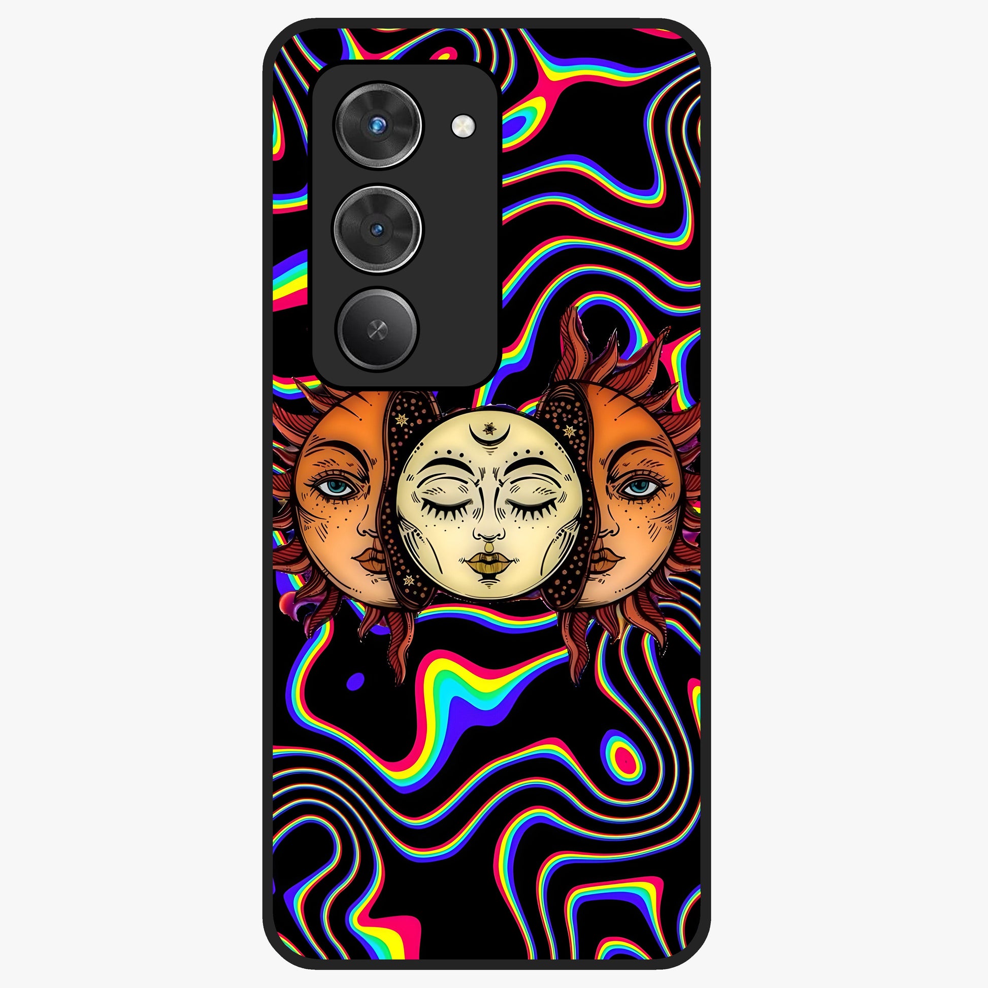 Psychedelic Sun Glass Case showing flat back view with colorful psychedelic sun artwork and glossy glass finish.