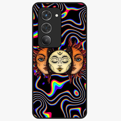 Psychedelic Sun Glass Case showing flat back view with colorful psychedelic sun artwork and glossy glass finish.