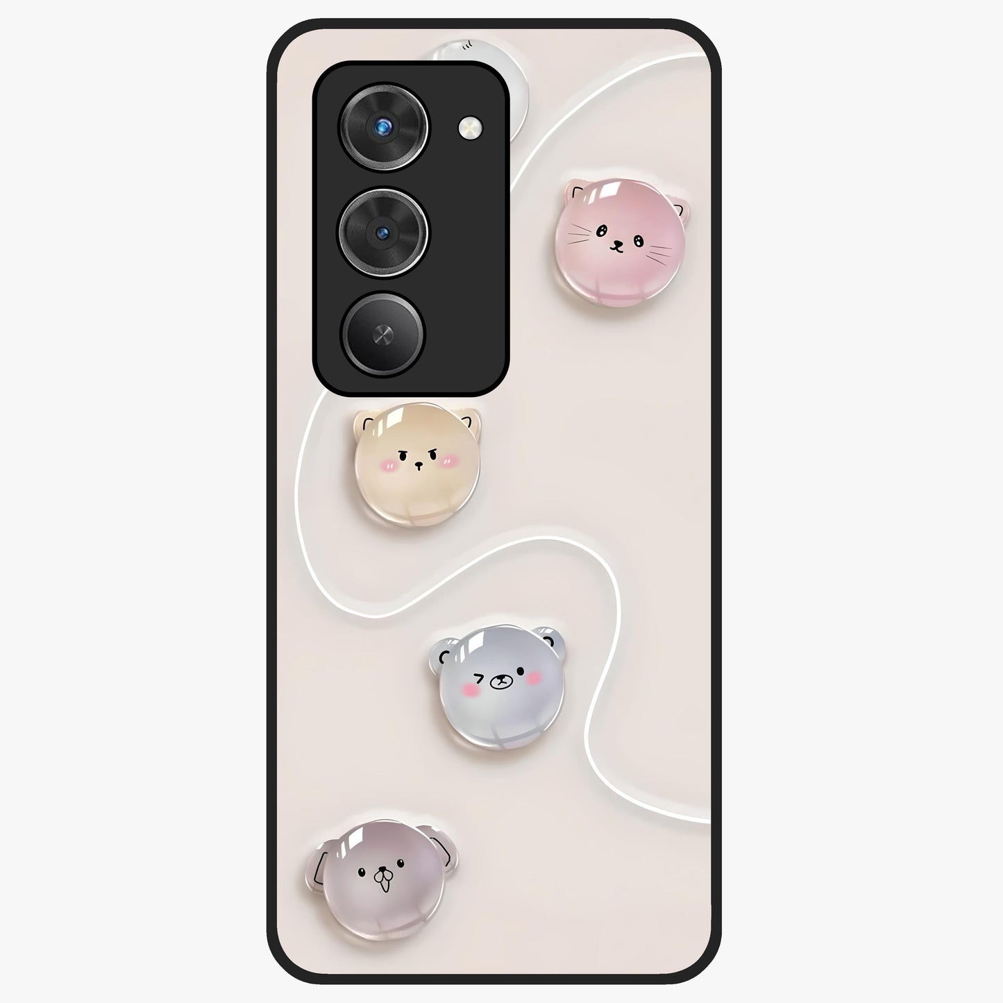 Puffy Face Parade Glass Case showing flat back view with cute puffy character faces artwork and glossy glass finish.
