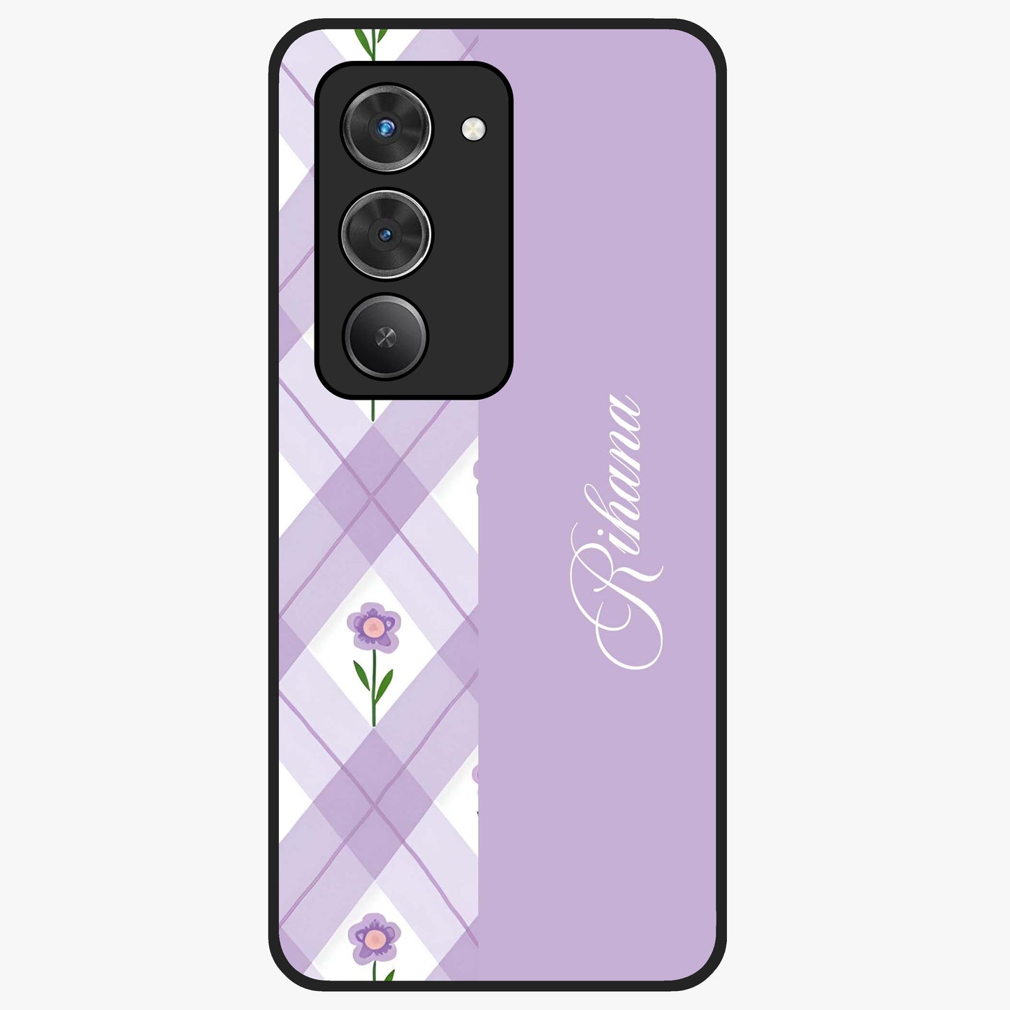 Purple Diamond Floral Glass Case showing flat back view with diamond shaped floral artwork and glossy glass finish.