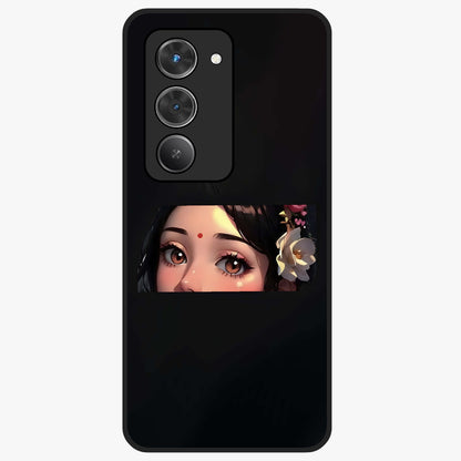 Radha Divine Embrace Glass Case showing flat back view with devotional Radha artwork and glossy glass finish.