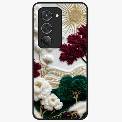 Radiant Bloom Elegance Glass Case showing flat back view with elegant blooming flower artwork and glossy glass finish.