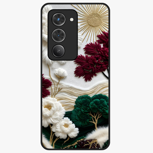 Radiant Bloom Elegance Glass Case showing flat back view with elegant blooming flower artwork and glossy glass finish.