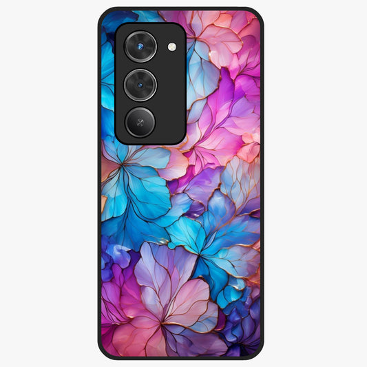 Radiant Floral Whirl Glass Case showing flat back view with swirling floral artwork and glossy glass finish.
