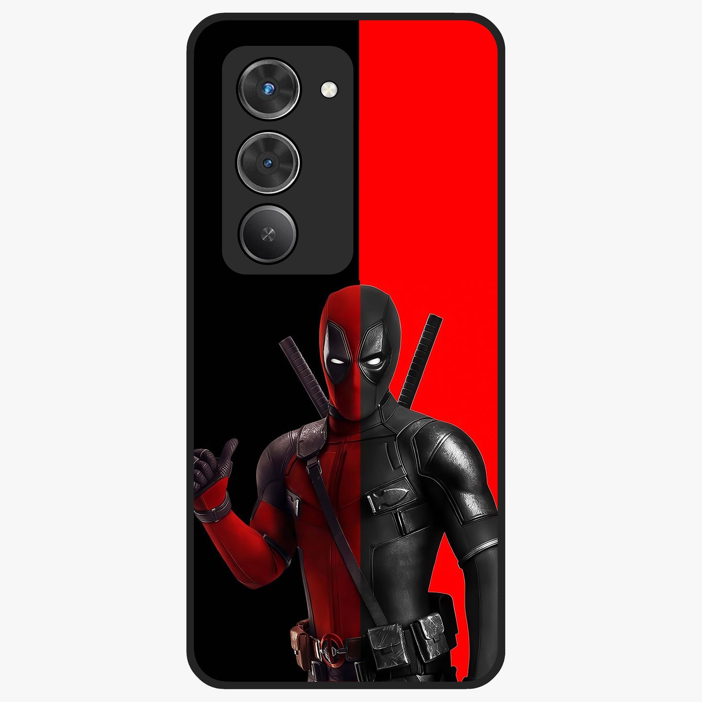 Red & Black Deadpool Theme Glass Case showing flat back view with bold comic inspired artwork and glossy glass finish.