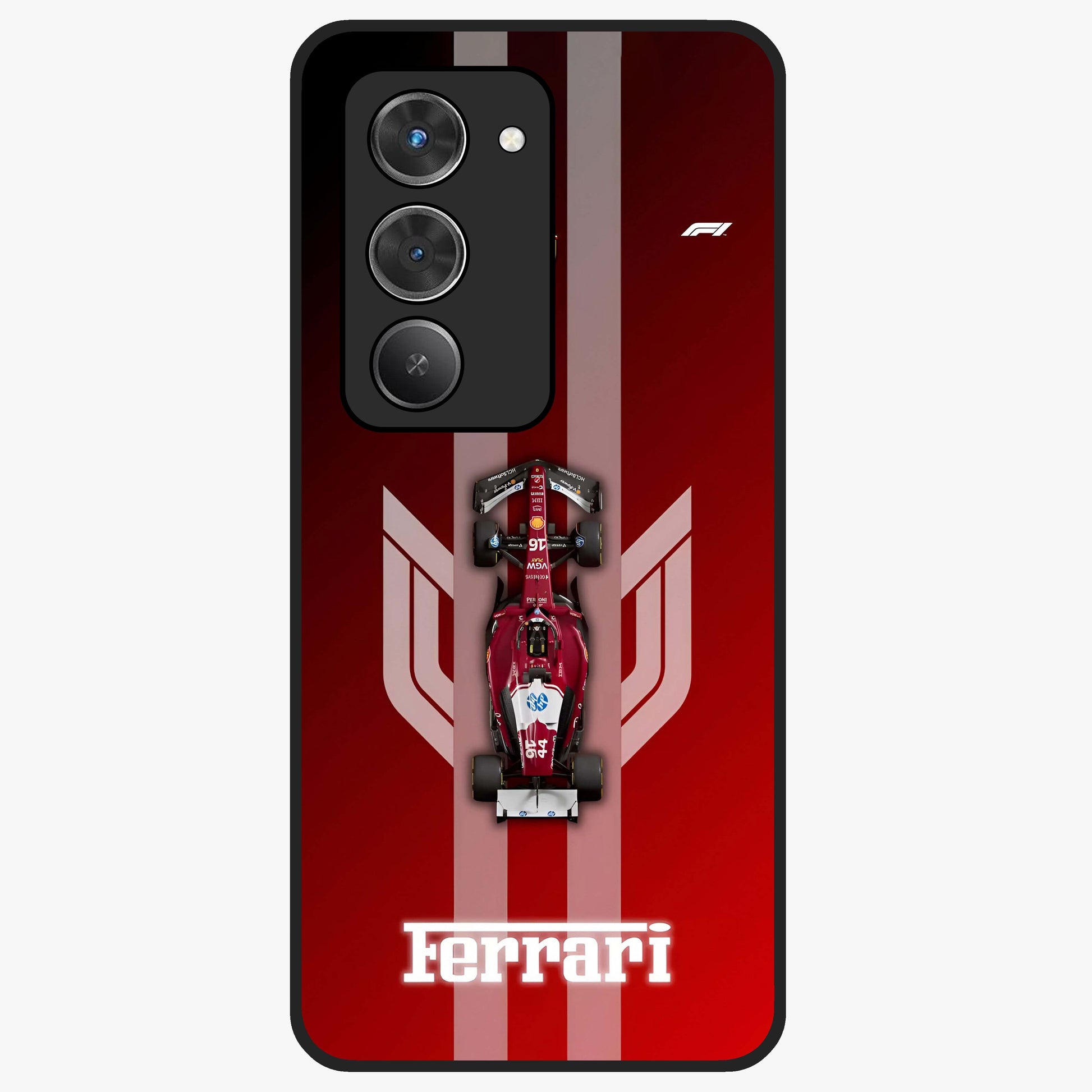 Red Ferrari F1 Vertical Glass Case showing flat back view with sleek Formula racing car artwork and glossy glass finish.