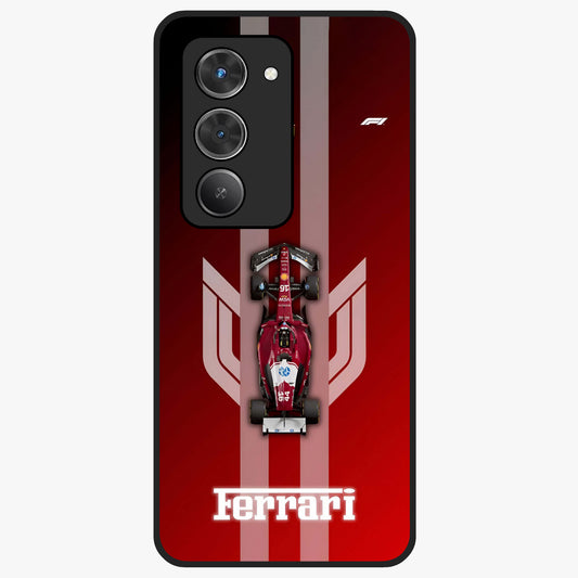 Red Ferrari F1 Vertical Glass Case showing flat back view with sleek Formula racing car artwork and glossy glass finish.