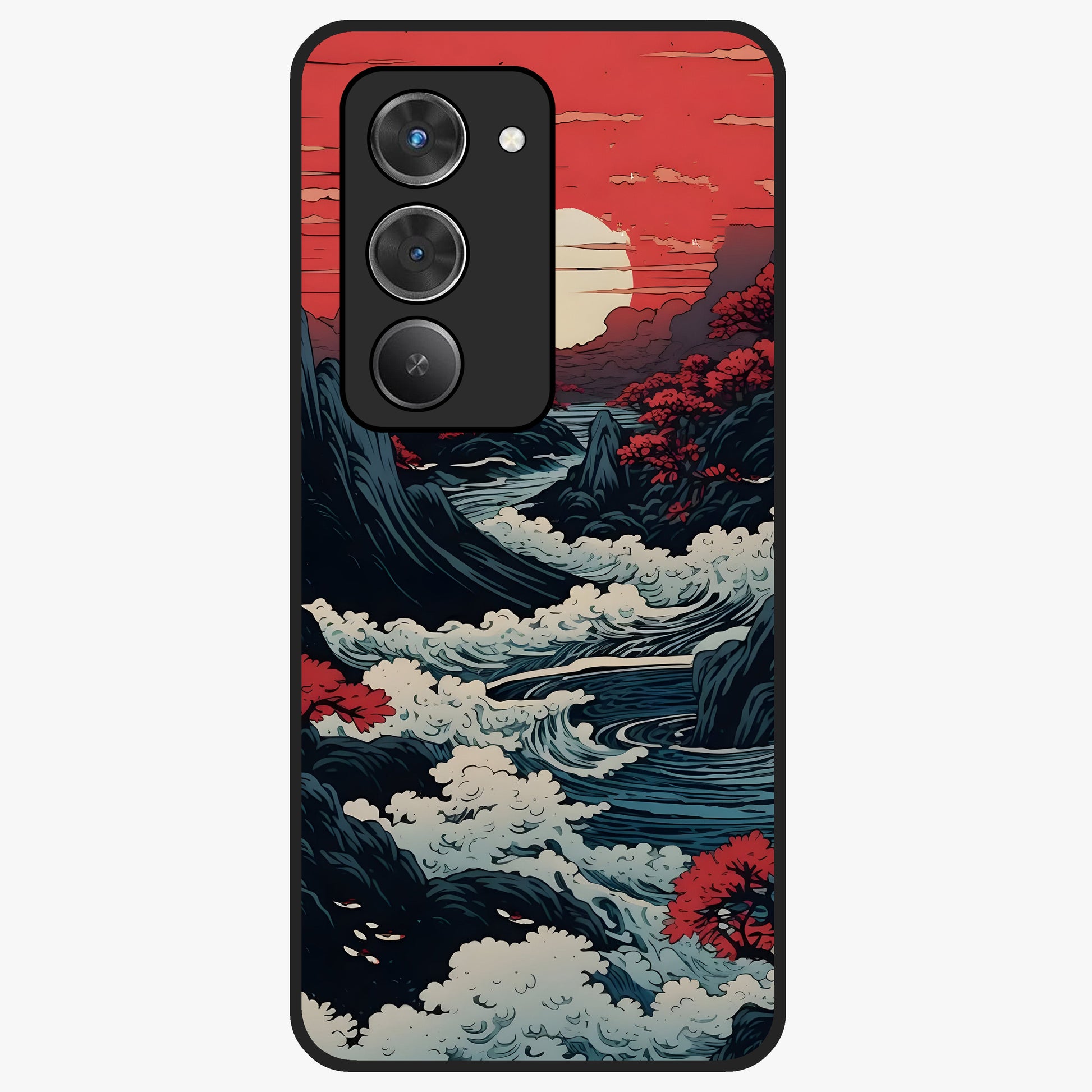 Red Sunset Scenery Glass Case showing flat back view with vibrant sunset landscape artwork and glossy glass finish.