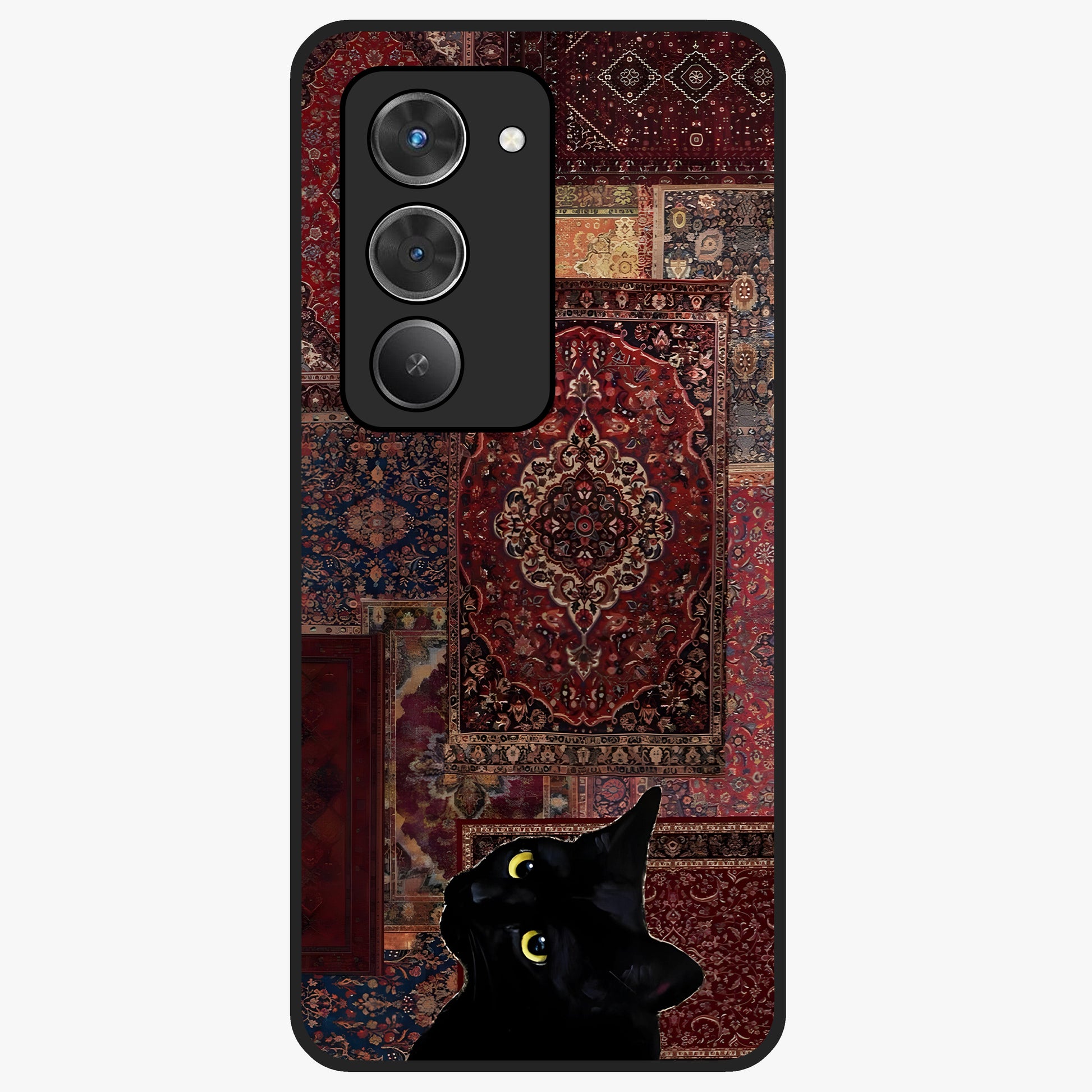 Regal Magic Cat Apple Glass Case showing flat back view with magical cat artwork holding apple and glossy glass finish.