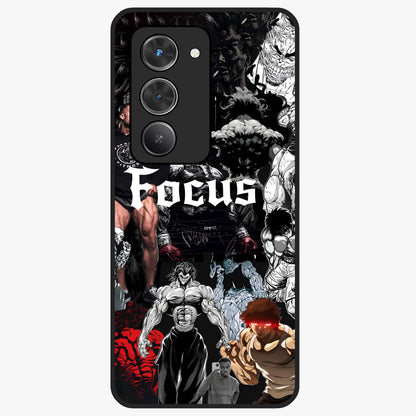 Relentless Power Focus Glass Case showing flat back view with motivational typography artwork and glossy glass finish.