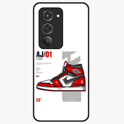 Retro Sneaker Blueprint Glass Case showing flat back view with sneaker blueprint style artwork and glossy glass finish.