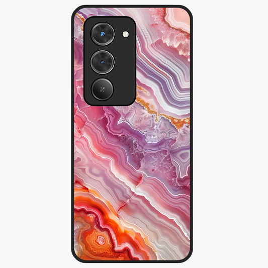 Rose Quartz Marble Glass Case showing flat back view with pink marble quartz texture artwork and glossy glass finish.
