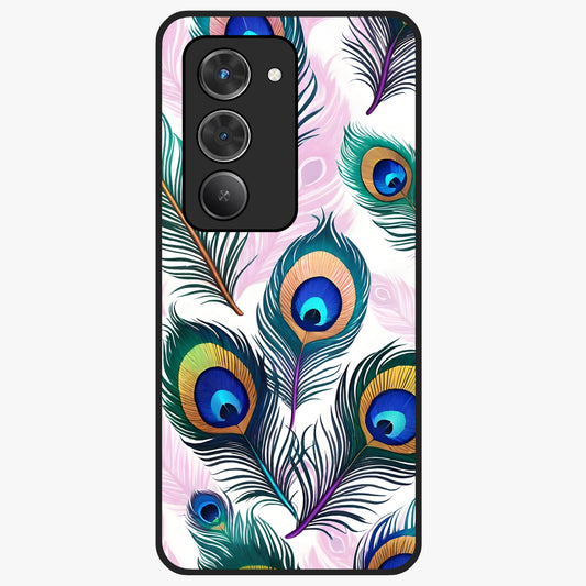 Royal Peacock Feathers Glass Case showing flat back view with colorful peacock feather artwork and glossy glass finish.