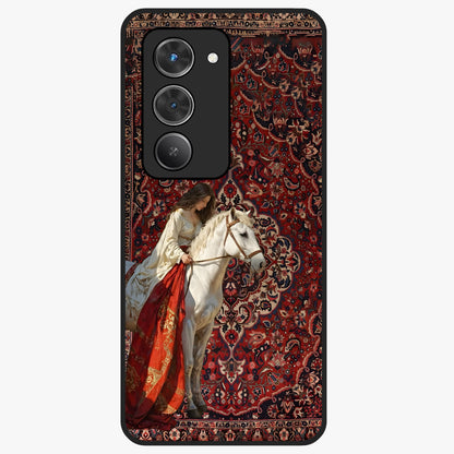 Royal Rider Tapestry Glass Case showing flat back view with majestic horse rider tapestry artwork and glossy glass finish.