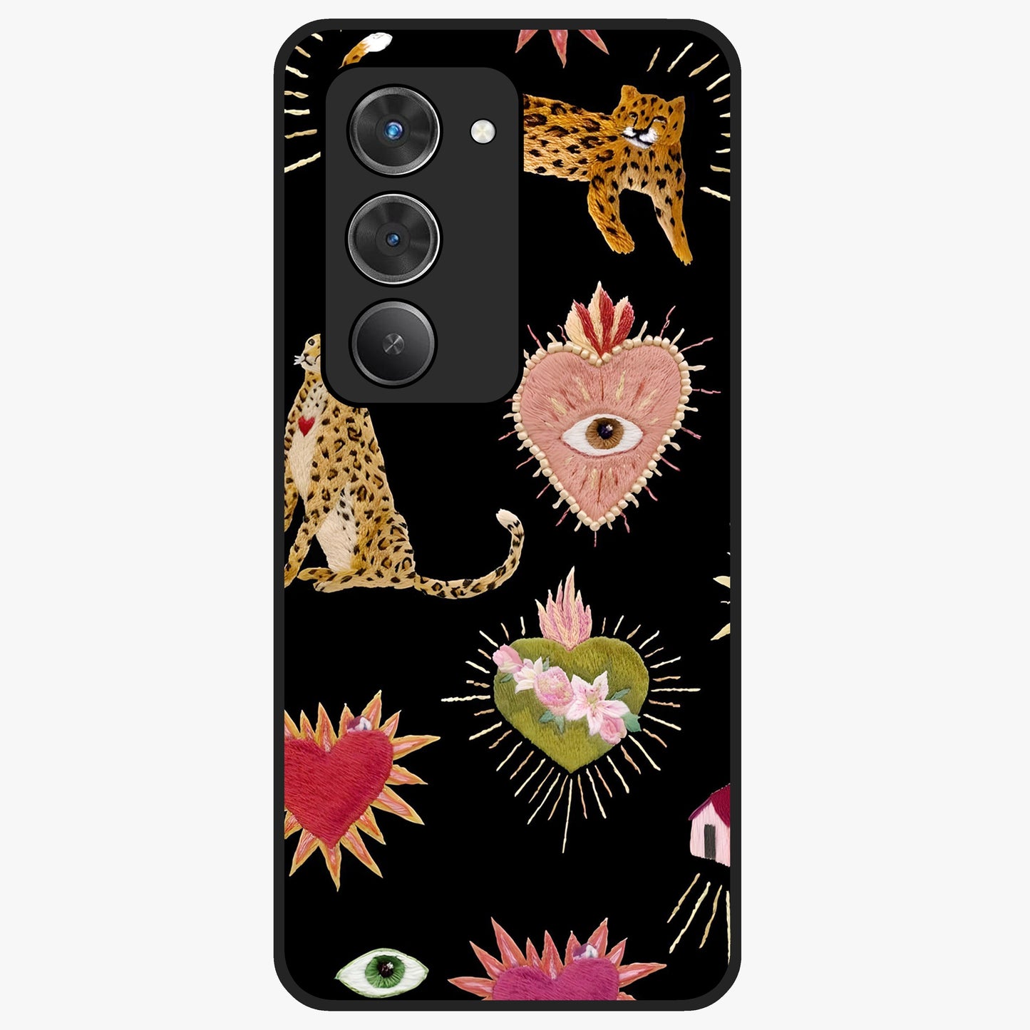 Sacred Jungle Heart Glass Case showing flat back view with jungle inspired heart artwork and glossy glass finish.