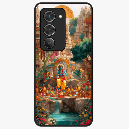 Sacred Sunlight Gods Glass Case showing flat back view with divine sunlight themed artwork and glossy glass finish.