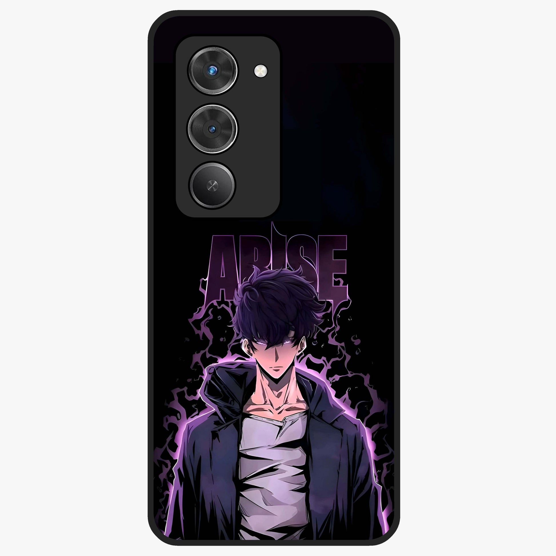 Shadow Monarch Awakening Glass Case showing flat back view with powerful dark monarch themed artwork and glossy glass finish.