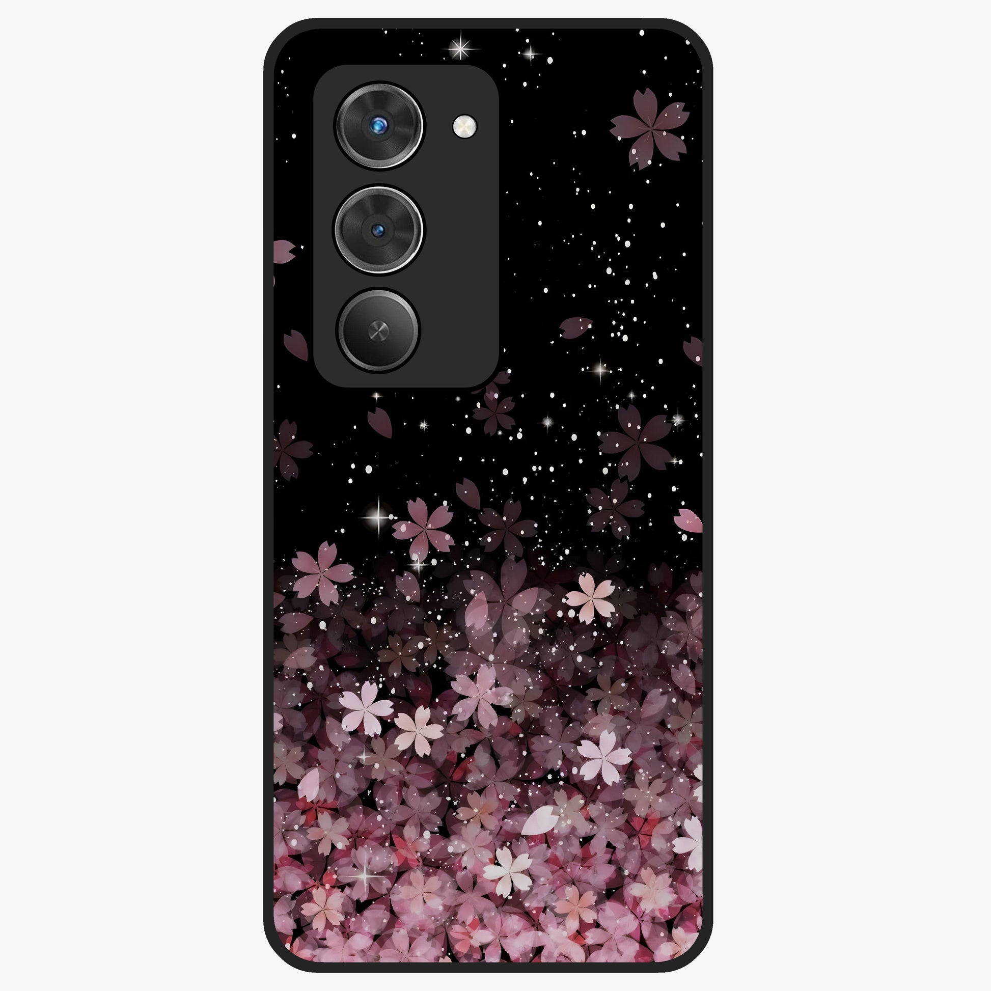 Small Starry Flowers Glass Case showing flat back view with delicate starry floral artwork and glossy glass finish.