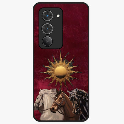 Solar Riders Glass Case showing flat back view with dynamic rider themed artwork and glossy glass finish.