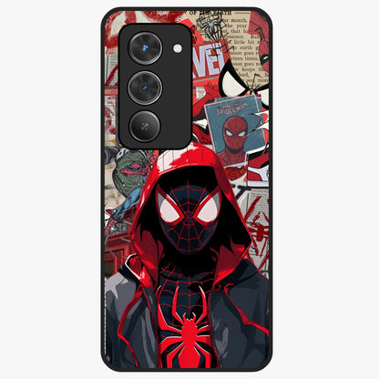 Spider Collage Street Glass Case showing flat back view with vibrant superhero collage artwork and glossy glass finish.