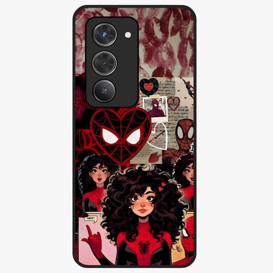 Spider Love Story Glass Case showing flat back view with romantic superhero themed artwork and glossy glass finish.