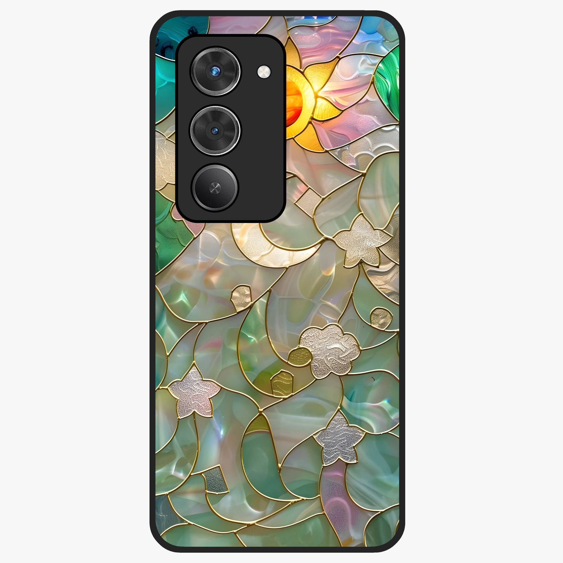 Stained Sunrise Glow Glass Case showing flat back view with glowing sunrise stained pattern artwork and glossy glass finish.