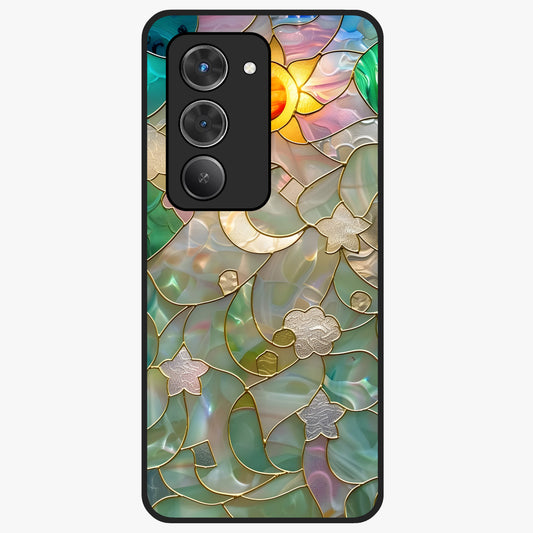 Stained Sunrise Glow Glass Case showing flat back view with glowing sunrise stained pattern artwork and glossy glass finish.