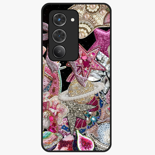 Starlit Jewel Dream Glass Case showing flat back view with sparkling jewel and star themed artwork and glossy glass finish.